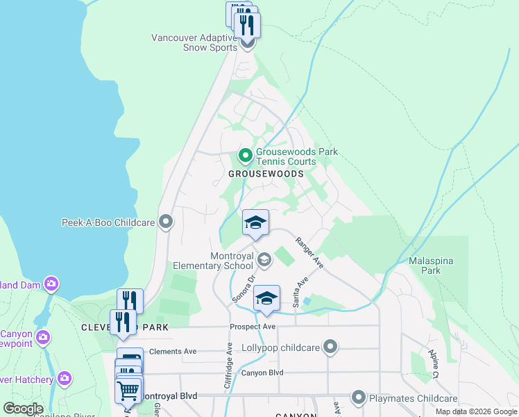 map of restaurants, bars, coffee shops, grocery stores, and more near 5519 Cliffridge Place in North Vancouver