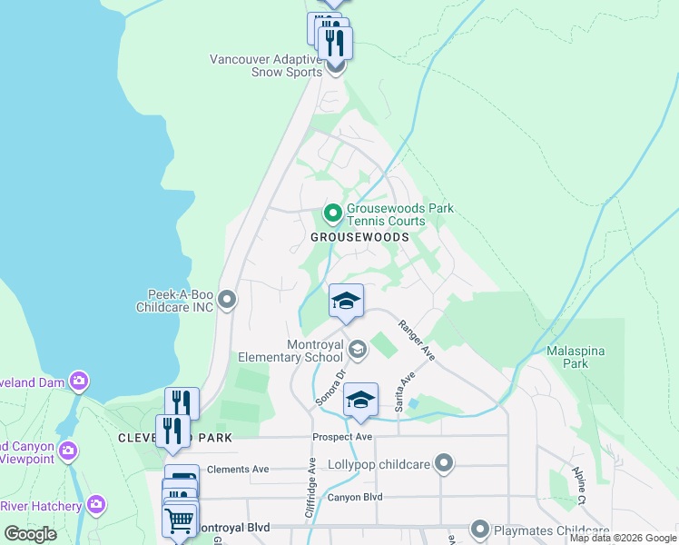 map of restaurants, bars, coffee shops, grocery stores, and more near 5522 Deerhorn Lane in North Vancouver