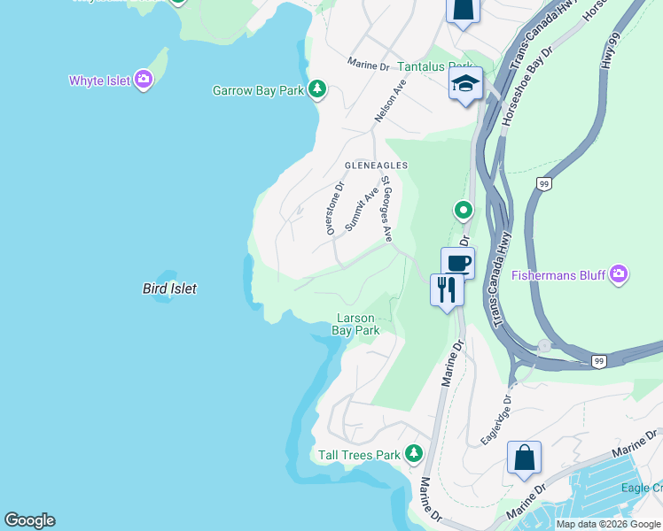 map of restaurants, bars, coffee shops, grocery stores, and more near 6215 Overstone Drive in West Vancouver