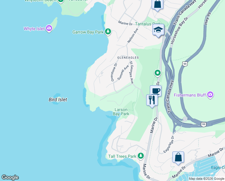 map of restaurants, bars, coffee shops, grocery stores, and more near 6215 Overstone Drive in West Vancouver