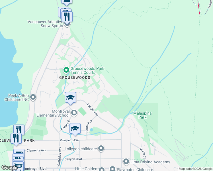 map of restaurants, bars, coffee shops, grocery stores, and more near 5536 Molina Road in North Vancouver