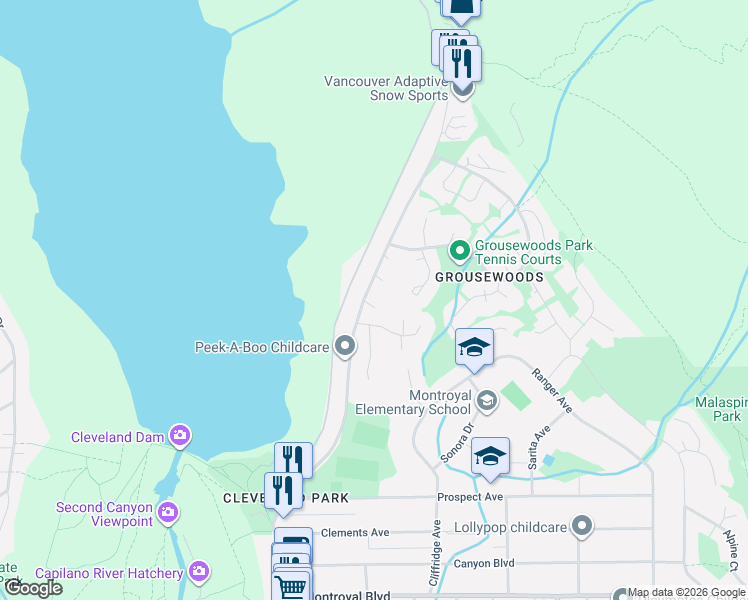 map of restaurants, bars, coffee shops, grocery stores, and more near 5544 Woodchuck Place in North Vancouver