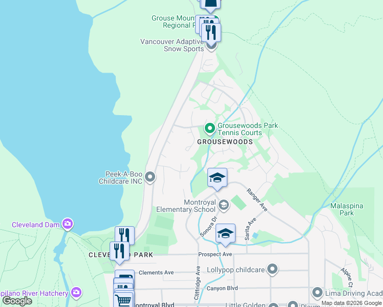 map of restaurants, bars, coffee shops, grocery stores, and more near 5520 Huckleberry Lane in North Vancouver