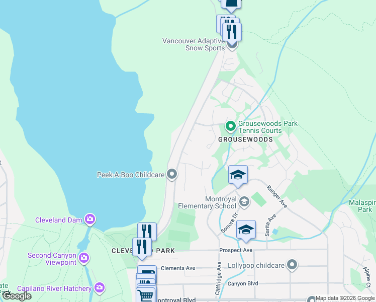 map of restaurants, bars, coffee shops, grocery stores, and more near 5544 Woodchuck Place in North Vancouver