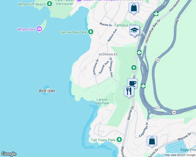 map of restaurants, bars, coffee shops, grocery stores, and more near 6220 Summit Avenue in West Vancouver