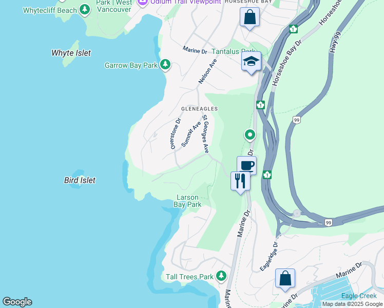 map of restaurants, bars, coffee shops, grocery stores, and more near 6204 Overstone Drive in West Vancouver