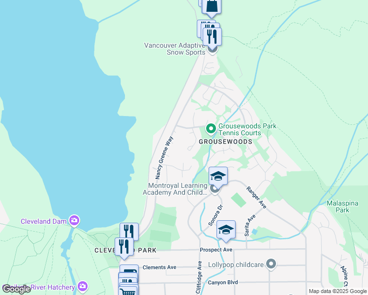 map of restaurants, bars, coffee shops, grocery stores, and more near 5535 Huckleberry Lane in North Vancouver