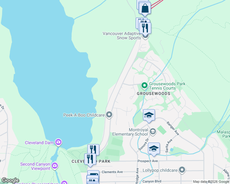 map of restaurants, bars, coffee shops, grocery stores, and more near 5541 Nancy Greene Way in North Vancouver