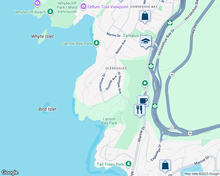 map of restaurants, bars, coffee shops, grocery stores, and more near 6230 Summit Avenue in West Vancouver