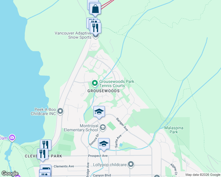 map of restaurants, bars, coffee shops, grocery stores, and more near 5600 Grousewoods Place in North Vancouver