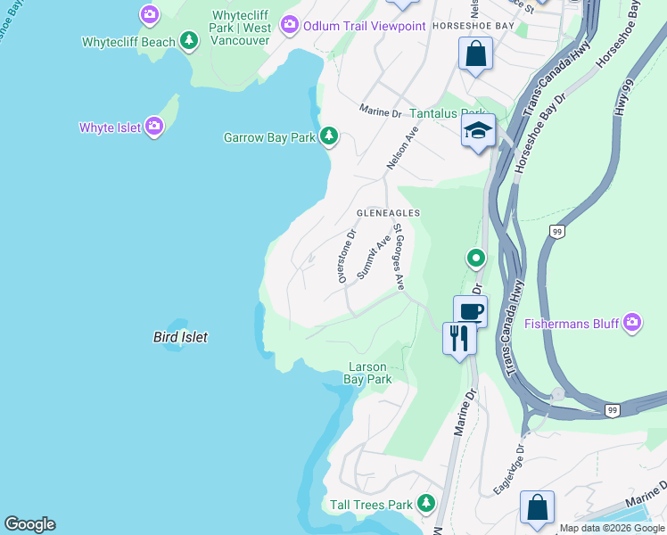 map of restaurants, bars, coffee shops, grocery stores, and more near 6235 Overstone Drive in West Vancouver
