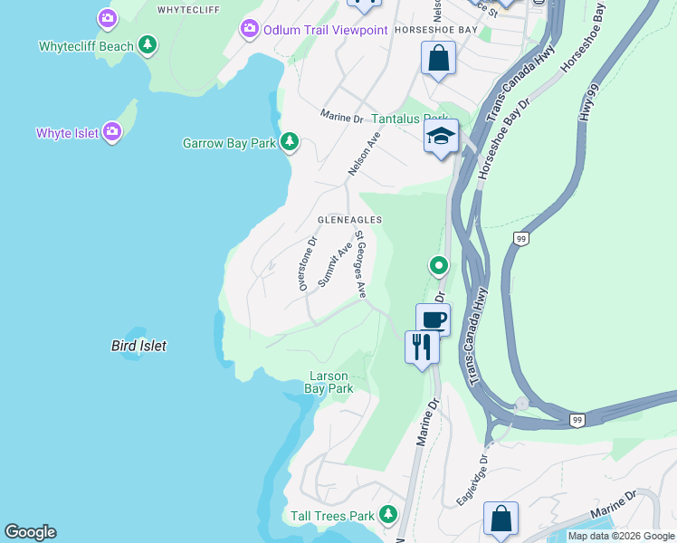 map of restaurants, bars, coffee shops, grocery stores, and more near 6236 Summit Avenue in West Vancouver