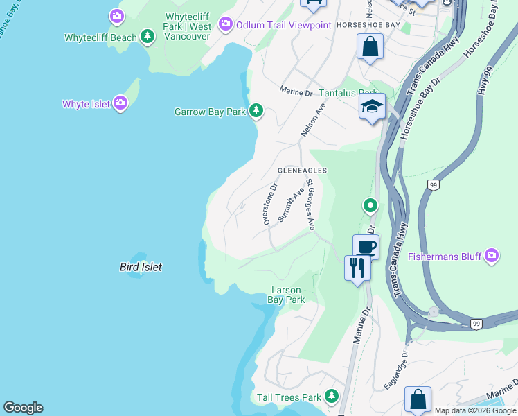 map of restaurants, bars, coffee shops, grocery stores, and more near 6239 Overstone Drive in West Vancouver