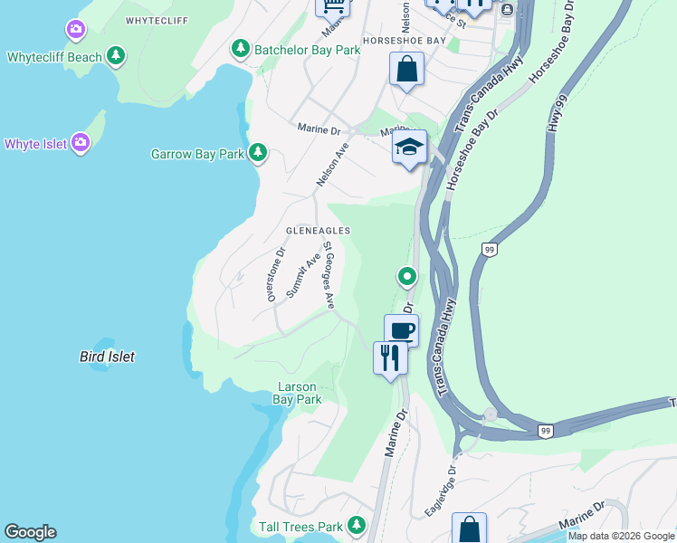 map of restaurants, bars, coffee shops, grocery stores, and more near 6240 Saint Georges Avenue in North Vancouver