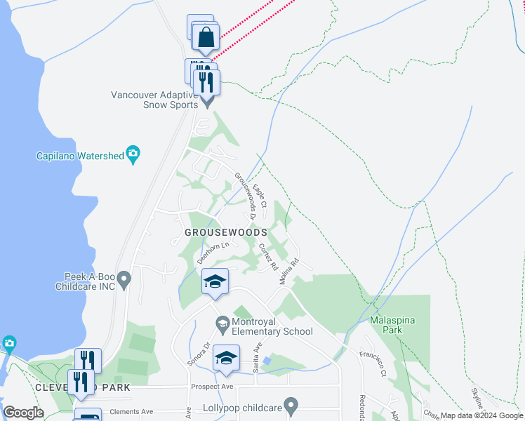 map of restaurants, bars, coffee shops, grocery stores, and more near 5623 Eagle Court in North Vancouver