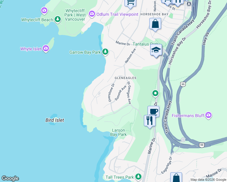 map of restaurants, bars, coffee shops, grocery stores, and more near 6252 Overstone Drive in West Vancouver