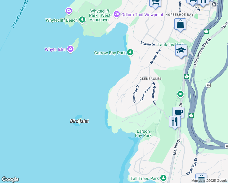 map of restaurants, bars, coffee shops, grocery stores, and more near 6257 Taylor Drive in West Vancouver
