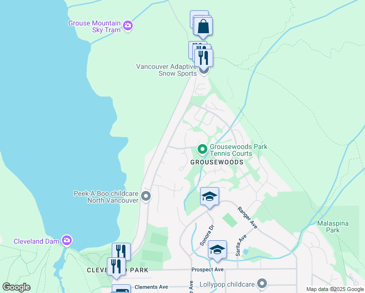 map of restaurants, bars, coffee shops, grocery stores, and more near 5602 Grousewoods Drive in North Vancouver