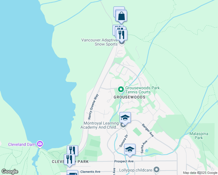 map of restaurants, bars, coffee shops, grocery stores, and more near 5602 Grousewoods Drive in North Vancouver