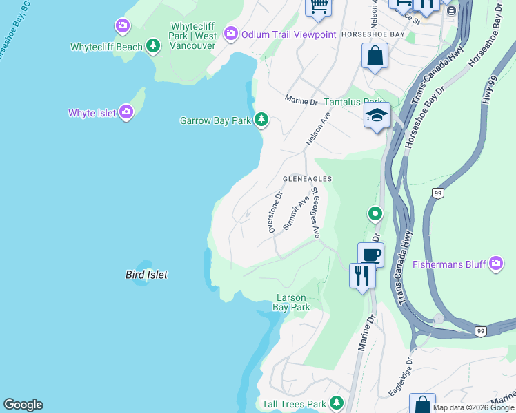 map of restaurants, bars, coffee shops, grocery stores, and more near 6252 Saint Georges Crescent in West Vancouver