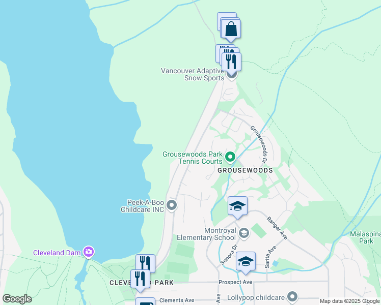 map of restaurants, bars, coffee shops, grocery stores, and more near 5597 Nancy Greene Way in North Vancouver