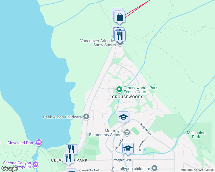 map of restaurants, bars, coffee shops, grocery stores, and more near 5609 White Pine Lane in North Vancouver