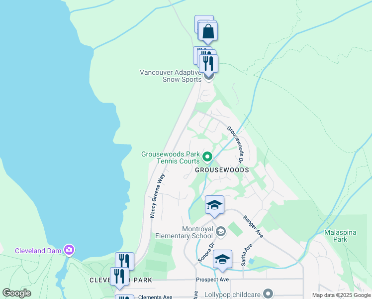 map of restaurants, bars, coffee shops, grocery stores, and more near 5617 White Pine Lane in North Vancouver