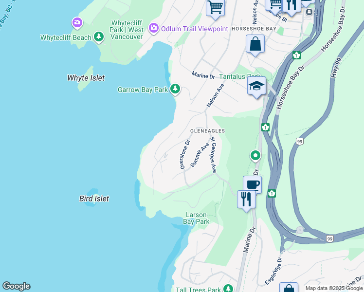 map of restaurants, bars, coffee shops, grocery stores, and more near 6253 Overstone Drive in West Vancouver