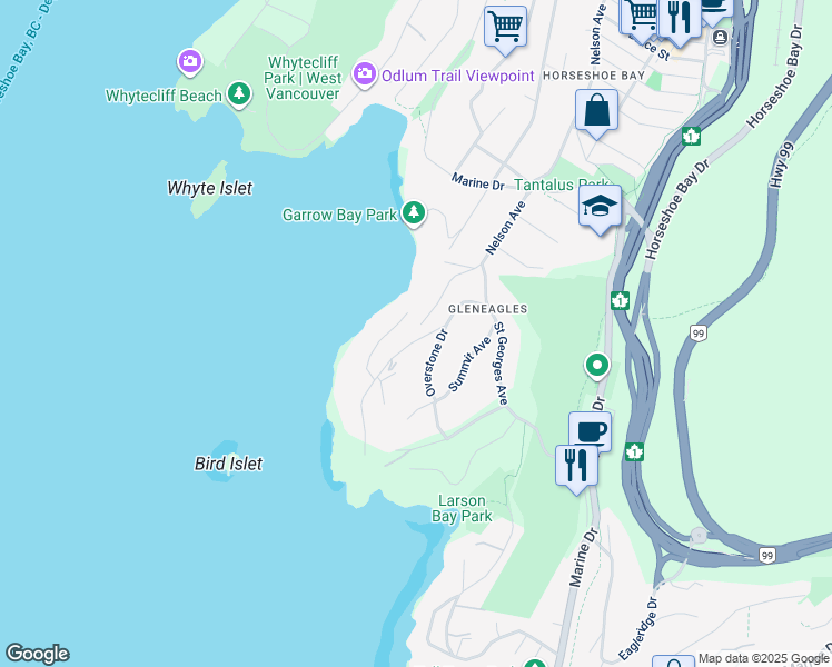 map of restaurants, bars, coffee shops, grocery stores, and more near 6253 Overstone Drive in West Vancouver