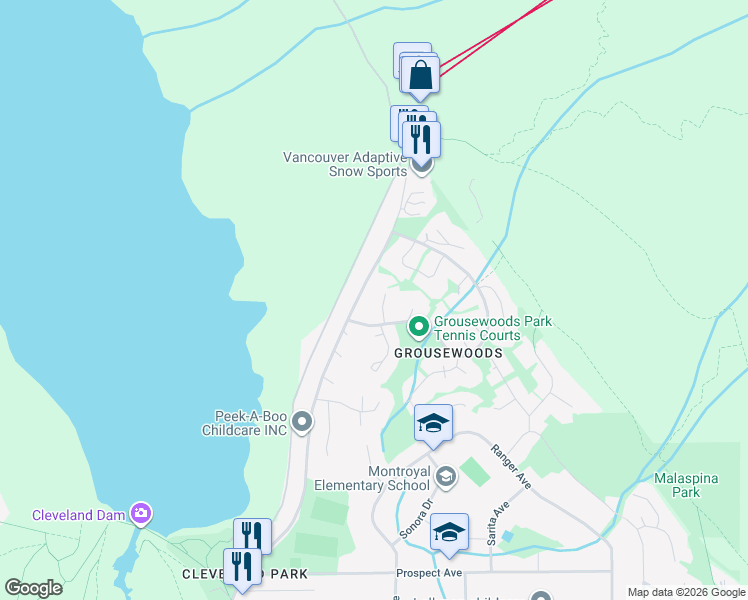 map of restaurants, bars, coffee shops, grocery stores, and more near 5639 White Pine Lane in North Vancouver