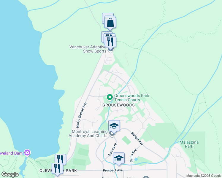 map of restaurants, bars, coffee shops, grocery stores, and more near 5664 Ptarmigan Place in North Vancouver