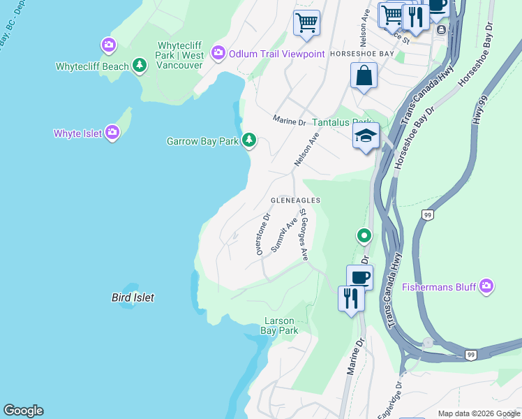 map of restaurants, bars, coffee shops, grocery stores, and more near 6269 Saint Georges Crescent in West Vancouver
