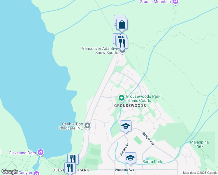 map of restaurants, bars, coffee shops, grocery stores, and more near 5655 White Pine Lane in North Vancouver
