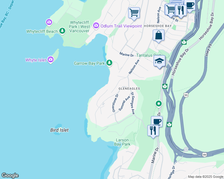 map of restaurants, bars, coffee shops, grocery stores, and more near 6175 Nelson Avenue in West Vancouver