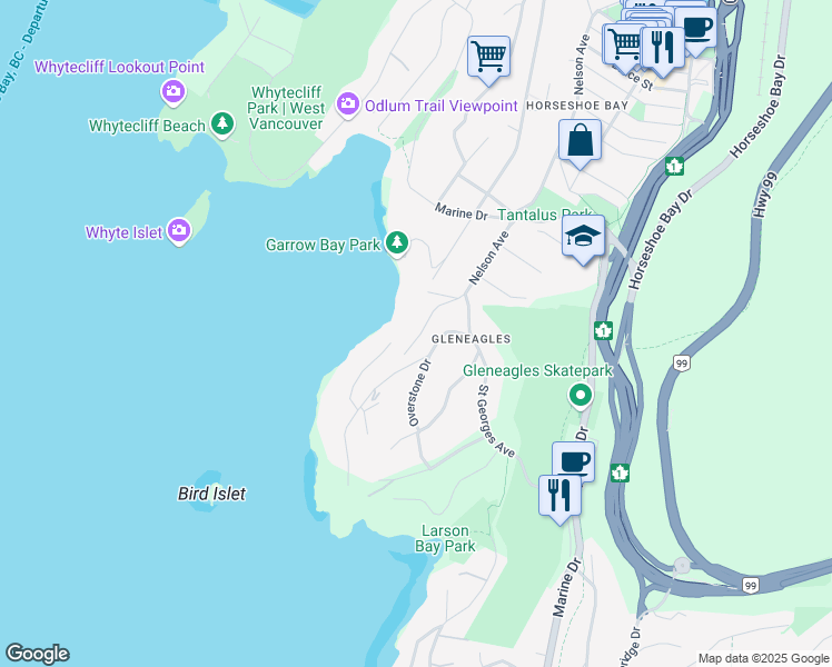map of restaurants, bars, coffee shops, grocery stores, and more near 6177 Nelson Avenue in West Vancouver