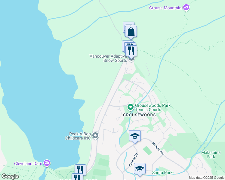 map of restaurants, bars, coffee shops, grocery stores, and more near 5685 Nancy Greene Way in North Vancouver