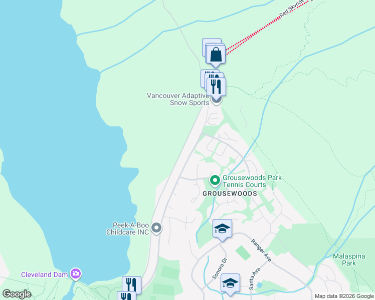 map of restaurants, bars, coffee shops, grocery stores, and more near 5707 Nancy Greene Way in North Vancouver