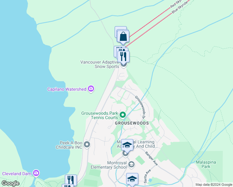 map of restaurants, bars, coffee shops, grocery stores, and more near 5853 Grousewoods Crescent in North Vancouver