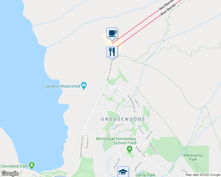 map of restaurants, bars, coffee shops, grocery stores, and more near 5871 Grousewoods Crescent in North Vancouver