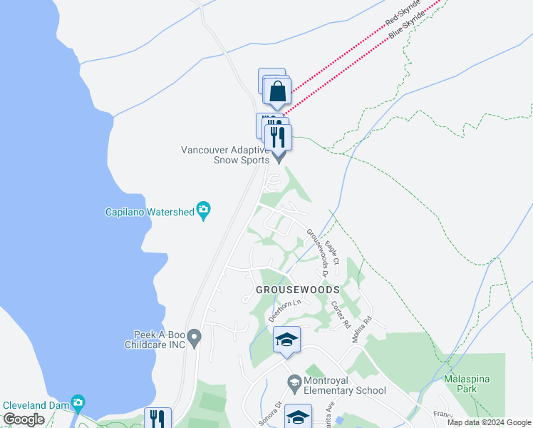 map of restaurants, bars, coffee shops, grocery stores, and more near 5871 Grousewoods Crescent in North Vancouver