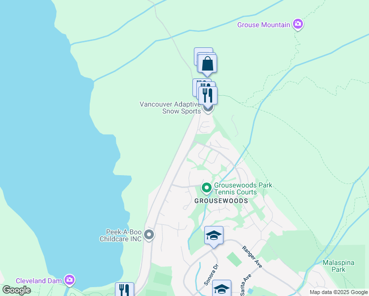 map of restaurants, bars, coffee shops, grocery stores, and more near 5755 Nancy Greene Way in North Vancouver