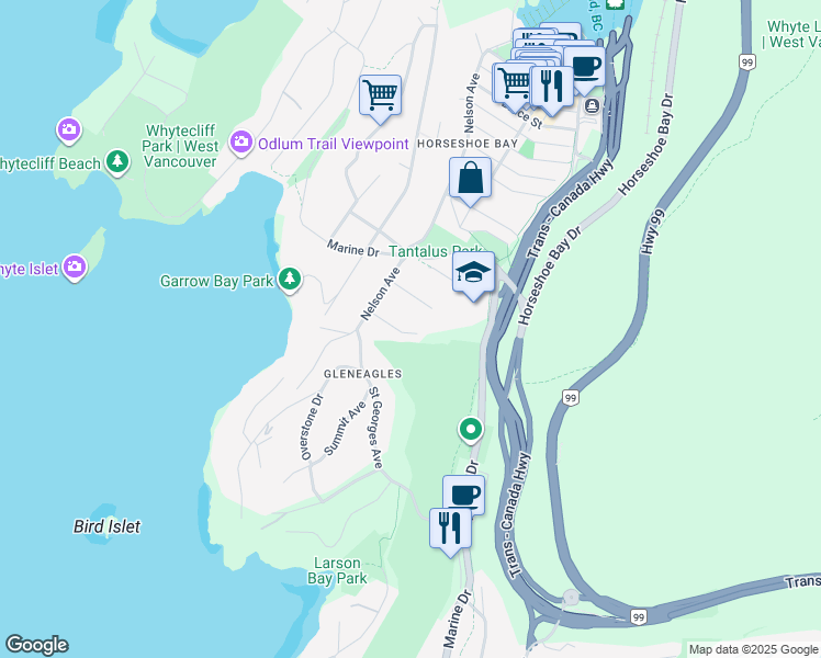 map of restaurants, bars, coffee shops, grocery stores, and more near 6417 Pitt Street in West Vancouver