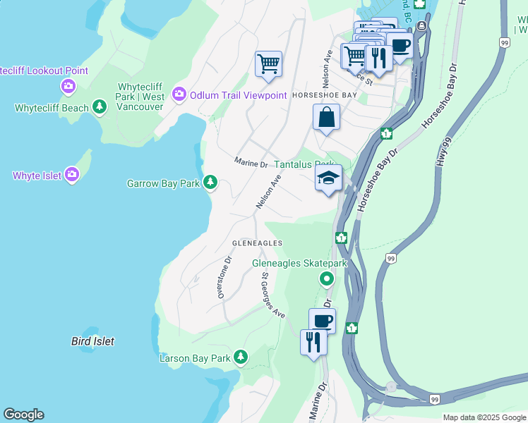 map of restaurants, bars, coffee shops, grocery stores, and more near 6484 Pitt Street in West Vancouver