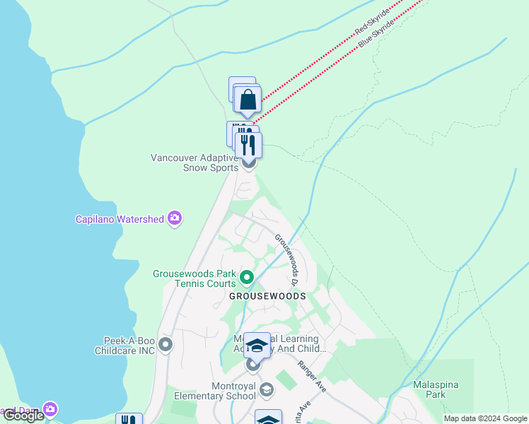 map of restaurants, bars, coffee shops, grocery stores, and more near 5730 Owl Court in North Vancouver