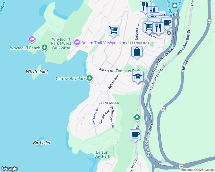 map of restaurants, bars, coffee shops, grocery stores, and more near 6245 Nelson Avenue in West Vancouver