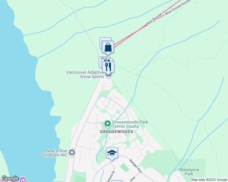 map of restaurants, bars, coffee shops, grocery stores, and more near 5728 Owl Court in North Vancouver