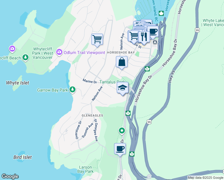 map of restaurants, bars, coffee shops, grocery stores, and more near 6440 Rosebery Avenue in West Vancouver