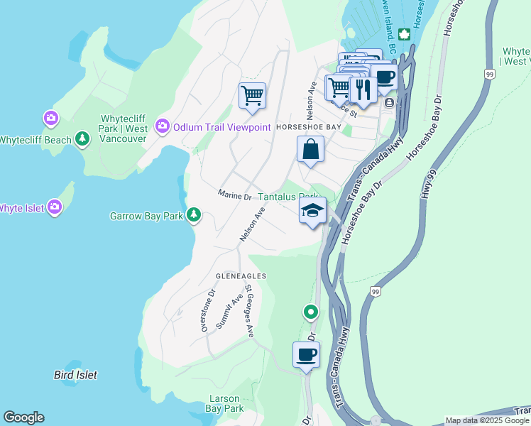 map of restaurants, bars, coffee shops, grocery stores, and more near 6364 Nelson Avenue in West Vancouver