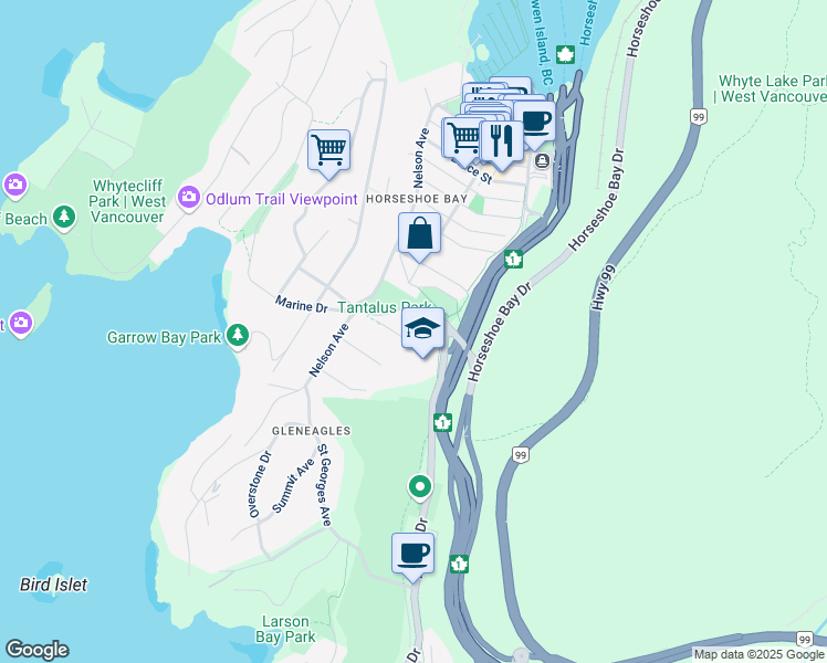 map of restaurants, bars, coffee shops, grocery stores, and more near 6431 Rosebery Avenue in West Vancouver