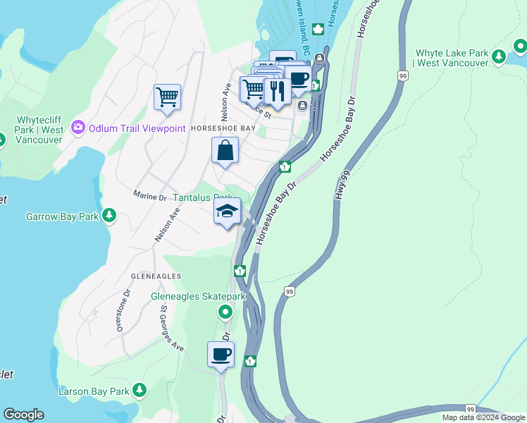 map of restaurants, bars, coffee shops, grocery stores, and more near 20 Marine Drive in West Vancouver